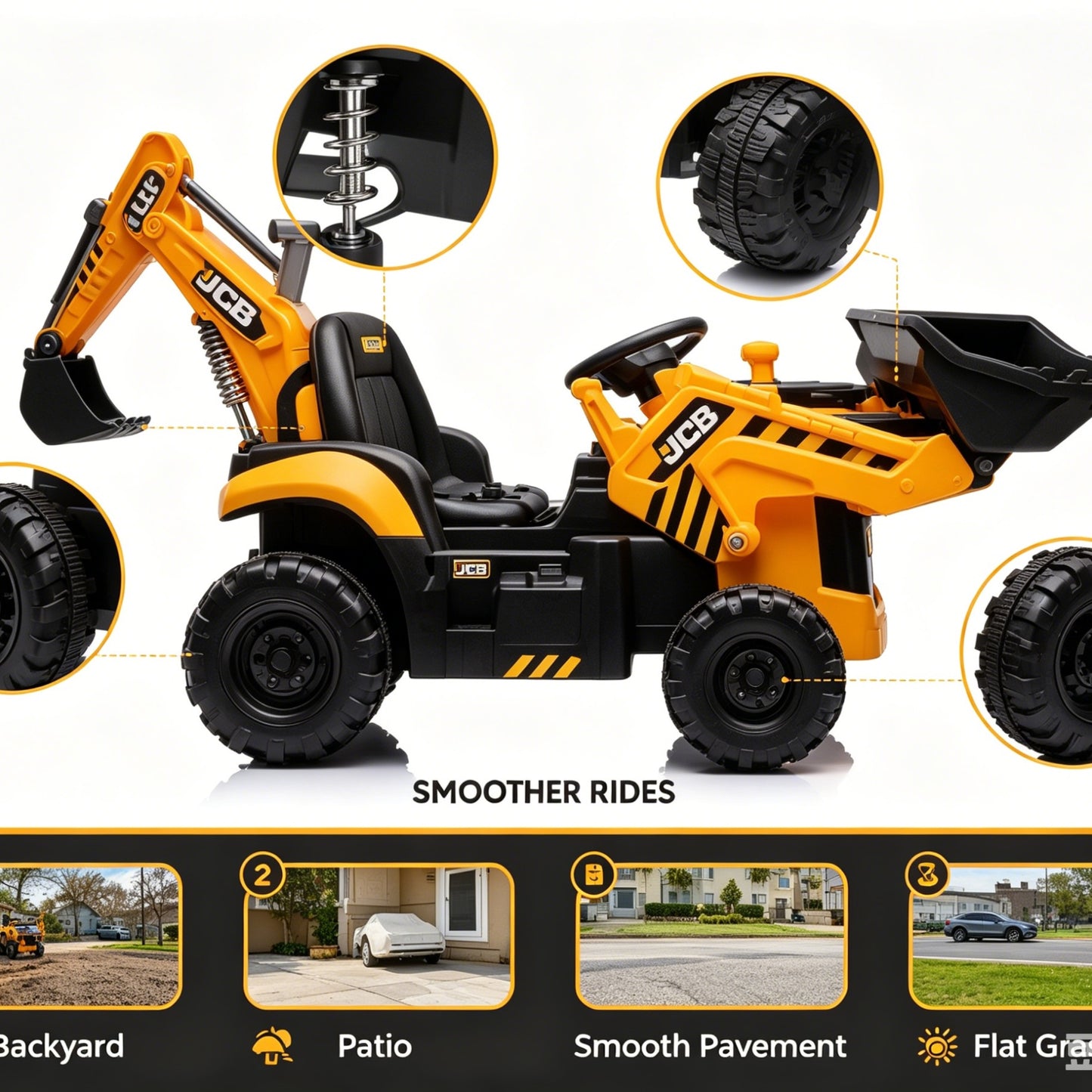 Ride on Excavator, JCB, 24V Dual Motors, SHINPT Digger Ride on Toy, Front Loader & Backhoe, Remote Control Construction Toy, Yellow, for Toddler Boys 3-5 Years Old