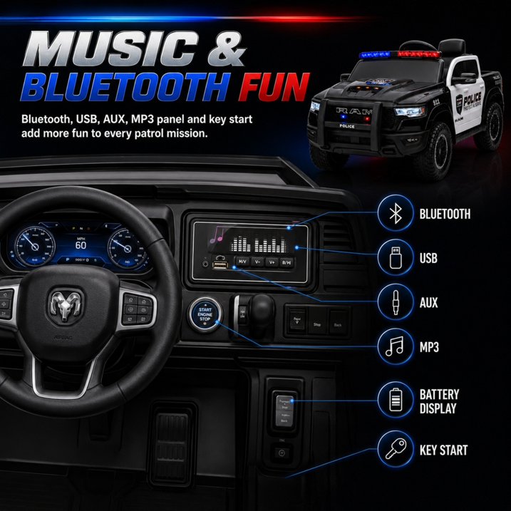 SHINPT Police Car Ride on, RAM1500 RHO Kids Electric Police Car with Parent Remote Control, 12V Powered Toddler Ride on Toy with Siren Lights, Single Seat, 1-3MPH Safe Speed for Boys Girls Ages 3-8