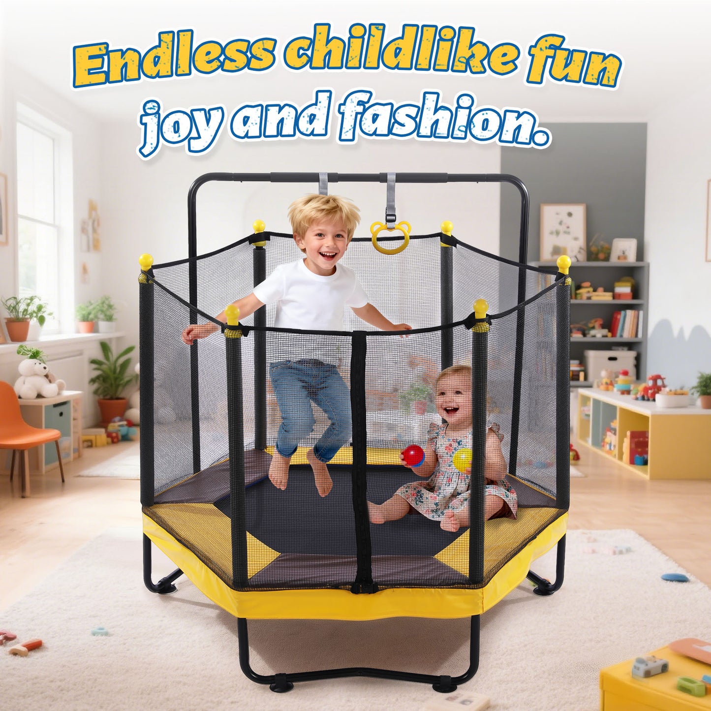 54in Mini Trampoline for Kids, SHINPT Toddler Trampoline Indoor/Outdoor, Kids Trampoline for Toddlers with Basketball Hoop, Recreational Trampoline with Gymnastics Bar, Indoor Trampoline for Toddlers
