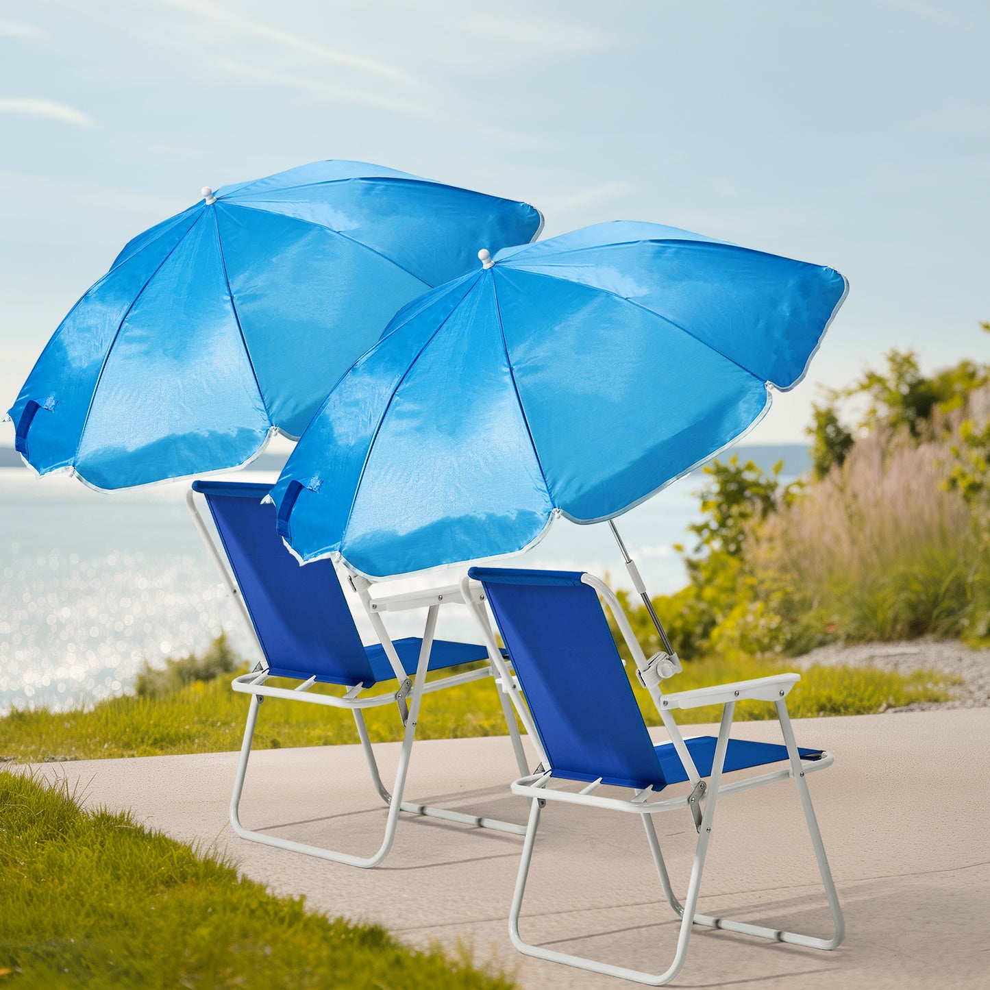 SHINPT Folding Beach Chair with Umbrella for Adults, Lightweight Porable Camping Chair with 265 lbs Capacity for Travel Picnic Concert & Outdoor Activities, Blue