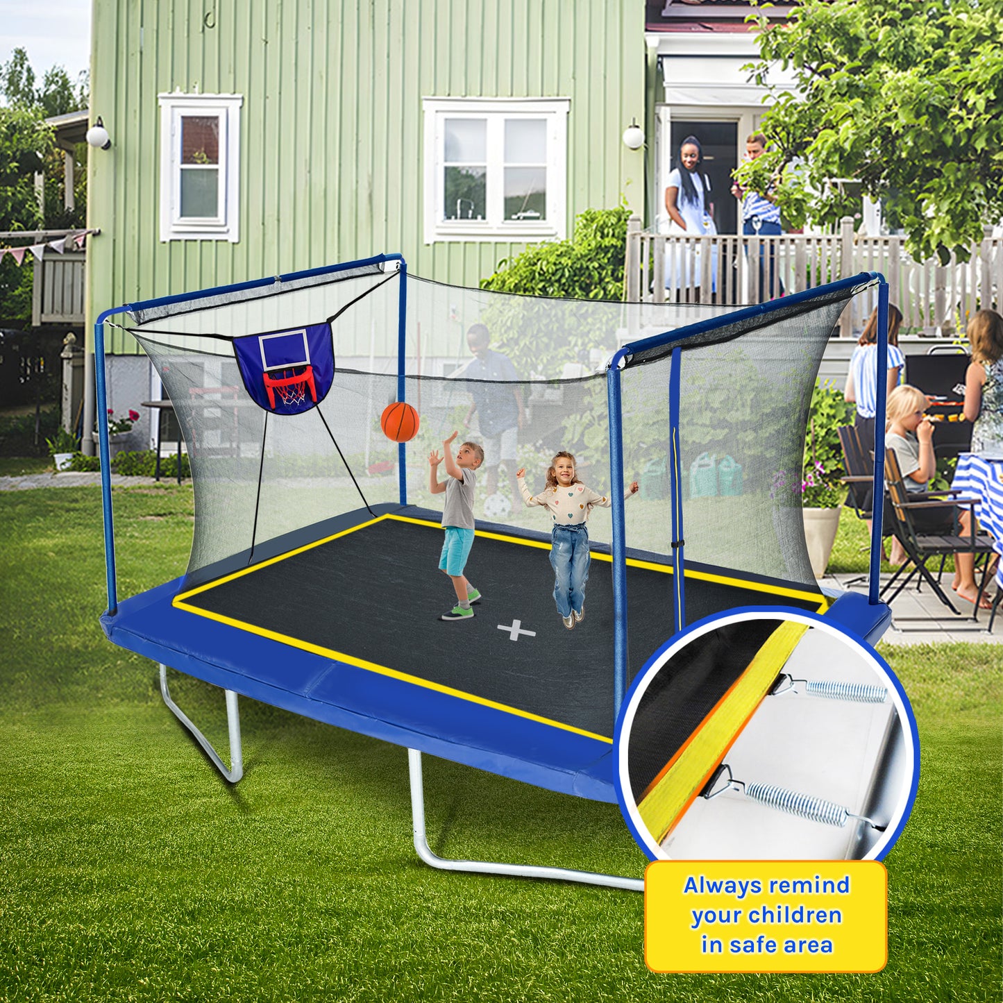 8x12 FT Heavy Duty Rectangular Trampoline with Safety Enclosure Net, Basketball Hoop & Ladder for Kids and Adults, 1200lbs Capacity, UV-Resistant Jump Mat, Ideal for Gymnastics & Backyard Fun