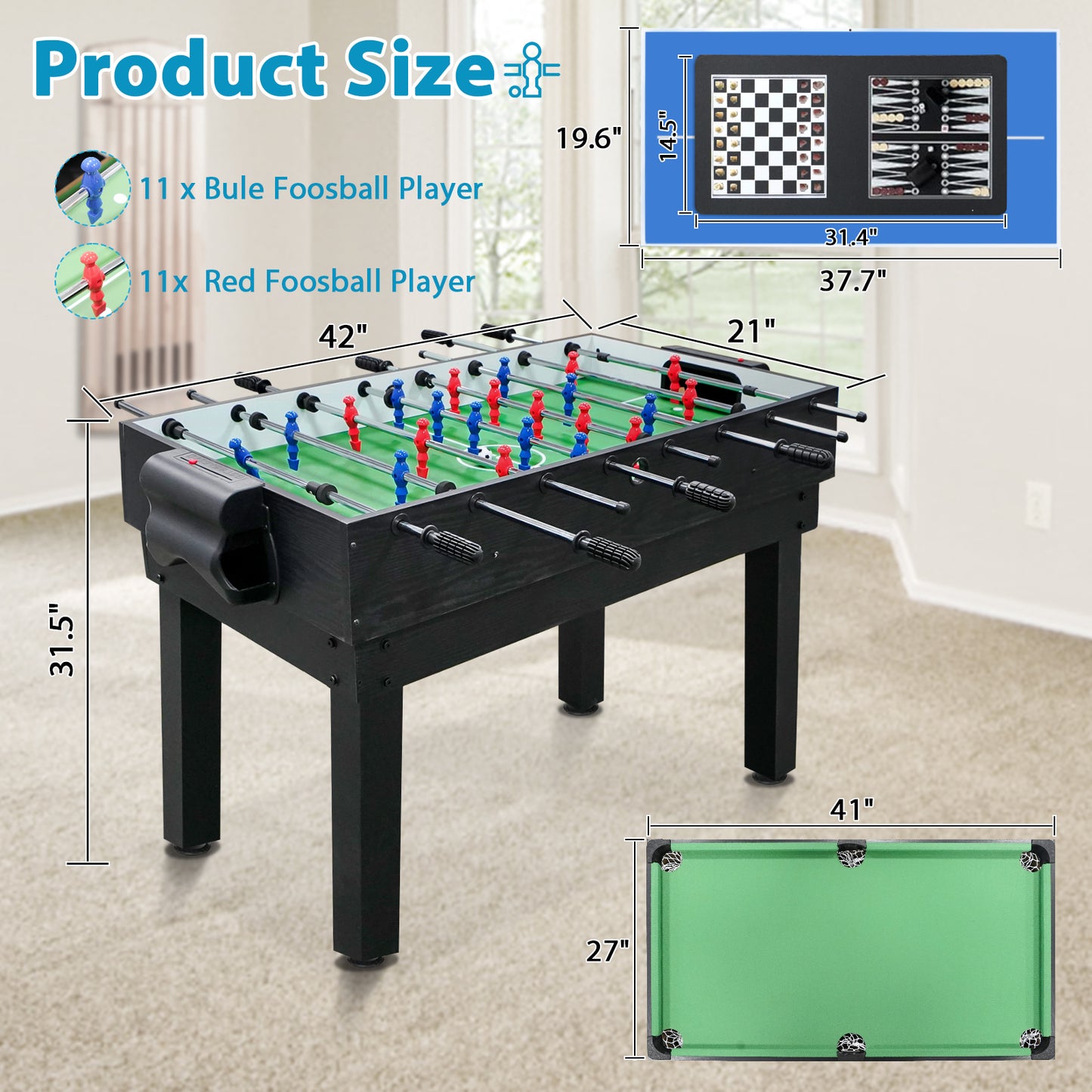 4Ft Foosball table for Adults, 10-In-1 Game table with Non-Slip Footing for Home and Game Room, Foosball Game Set with Table Tennis, billiards, checkers, Bowling and Shuffleboard