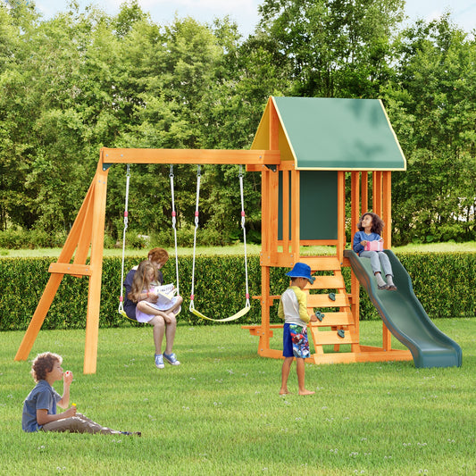 Wooden Outdoor Swing Set, All-in-One Kids Outdoor Play Equipment for Kids Age 3-12 with Wave Slide, 2 Swings, Climbing Wall,  Canopy Roof and Ladder, Kids Playground for Backyard, Garden, Park