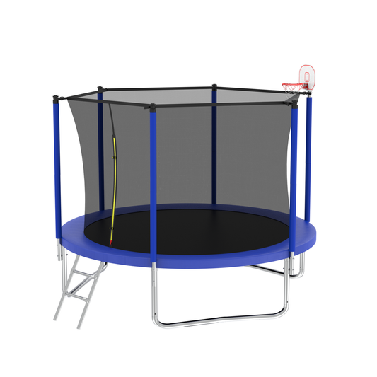 8FT Outdoor Trampoline with Safety Enclosure Net, ASTM Certified Reinforced Type Outdoor Trampoline, Recreational Trampoline with Basketball Hoop, Ideal for Children, Park, Kindergarten, Blue