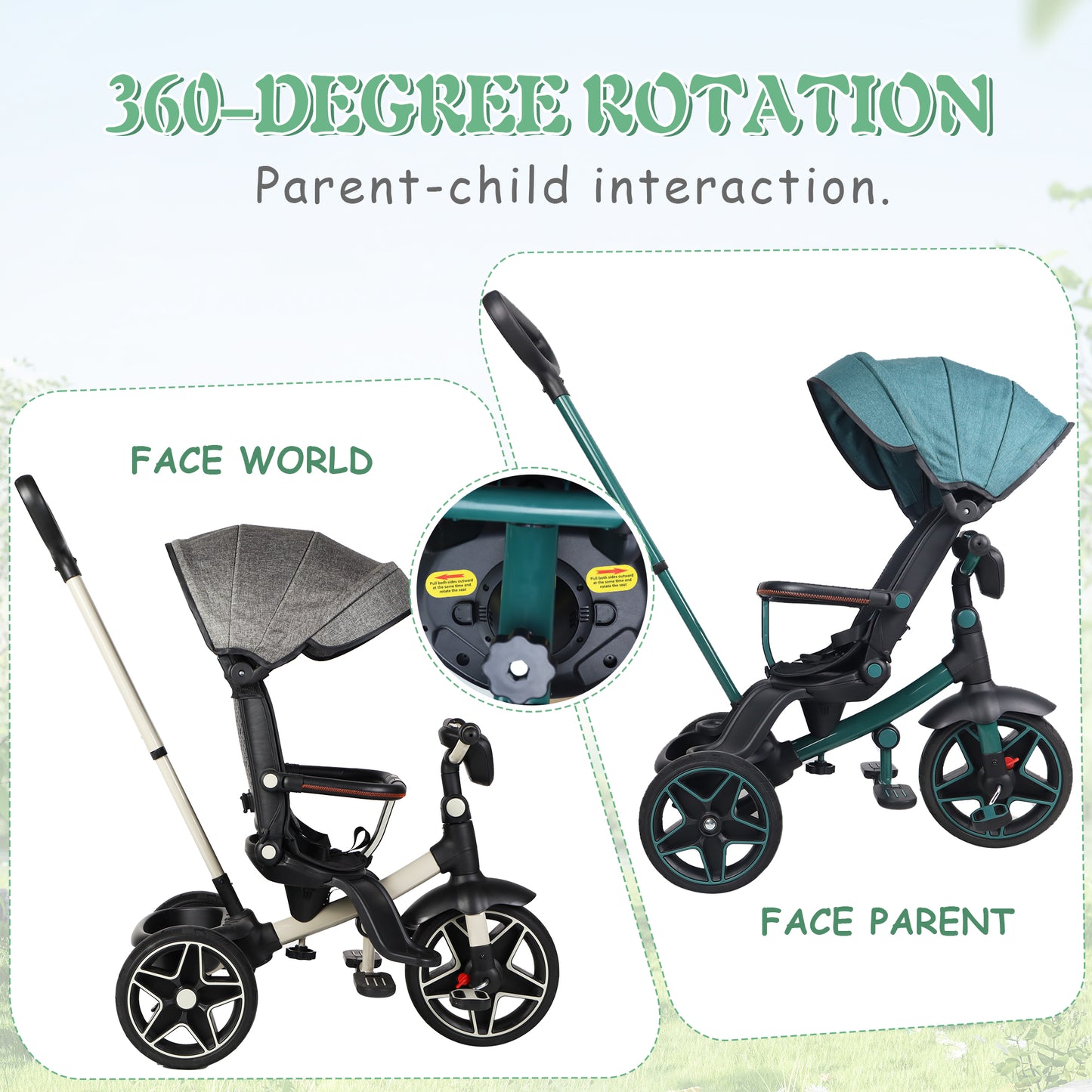 Shinpt 6 in 1 Kids' Baby Tricycle Stroller with 360°Rotatable Seat, Retractable Canopy, Adjustable Push Handle, Detachable Guardrail, and Rear Basket for Toddlers 18 Months to 6 Years，Pink