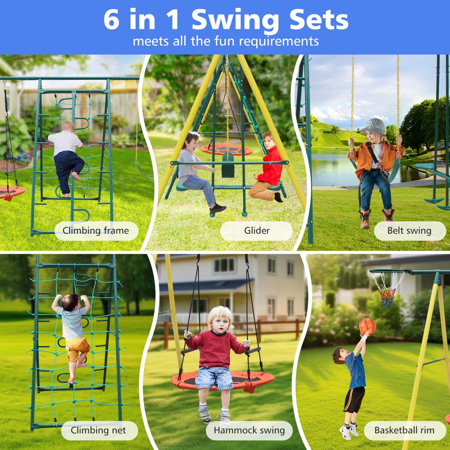 6in1 Swing Set for Outside, Heavy Duty A-Frame Metal Swing Set with Glider, Basketball Hoop, Climbing Frame, Climbing Net, Hammock Swing and Belt Swing, Backyard Playground Set for Kids Age 3-12