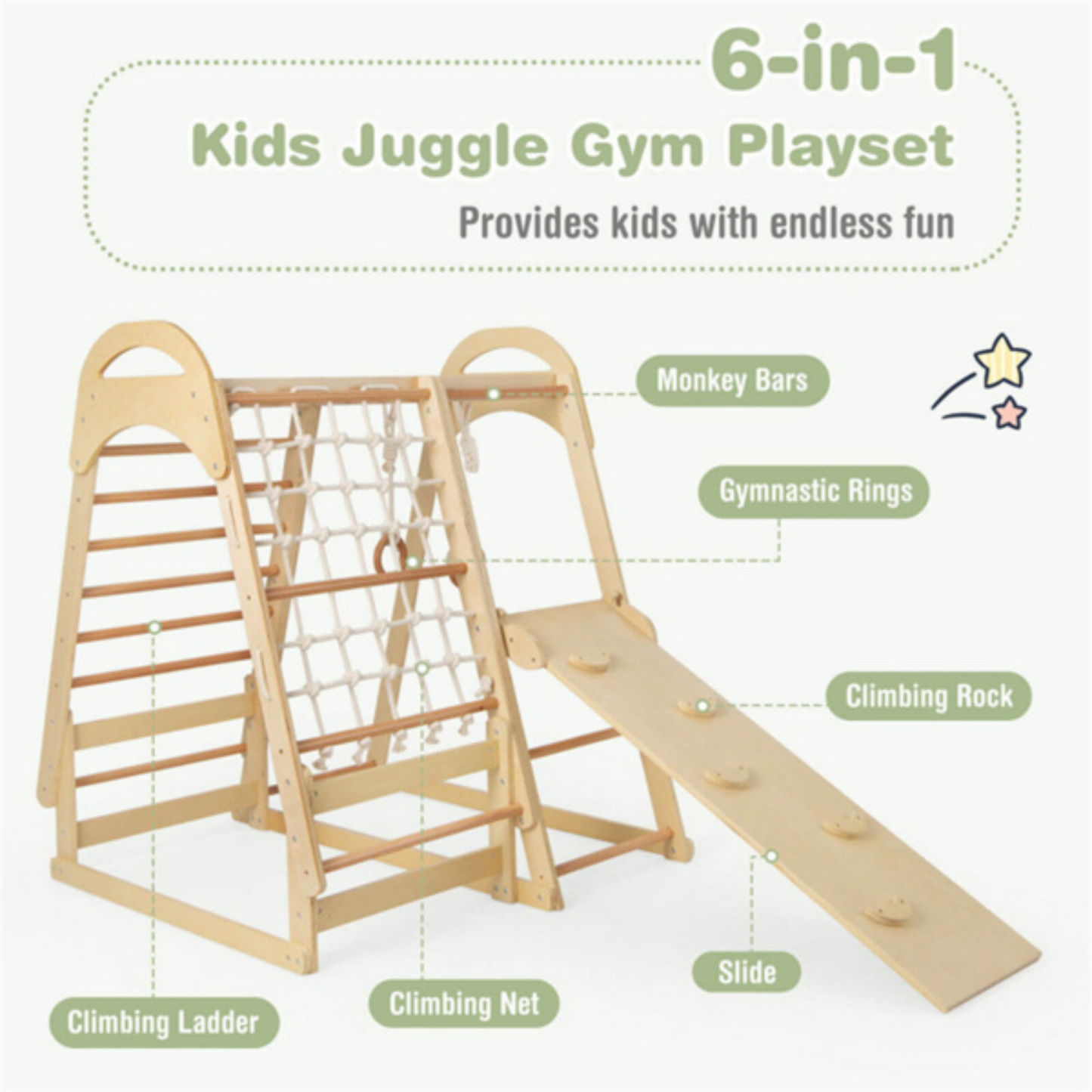 6-in-1Indoor Playground Jungle Gym, Toddlers Triangle Climbing Toys Set with Monkey Bars, Rock Climbing Wall, Gymnasitic Ring, Climbing Net and Ladder, Wooden Montessori Climbing Toys for Kids 1-6