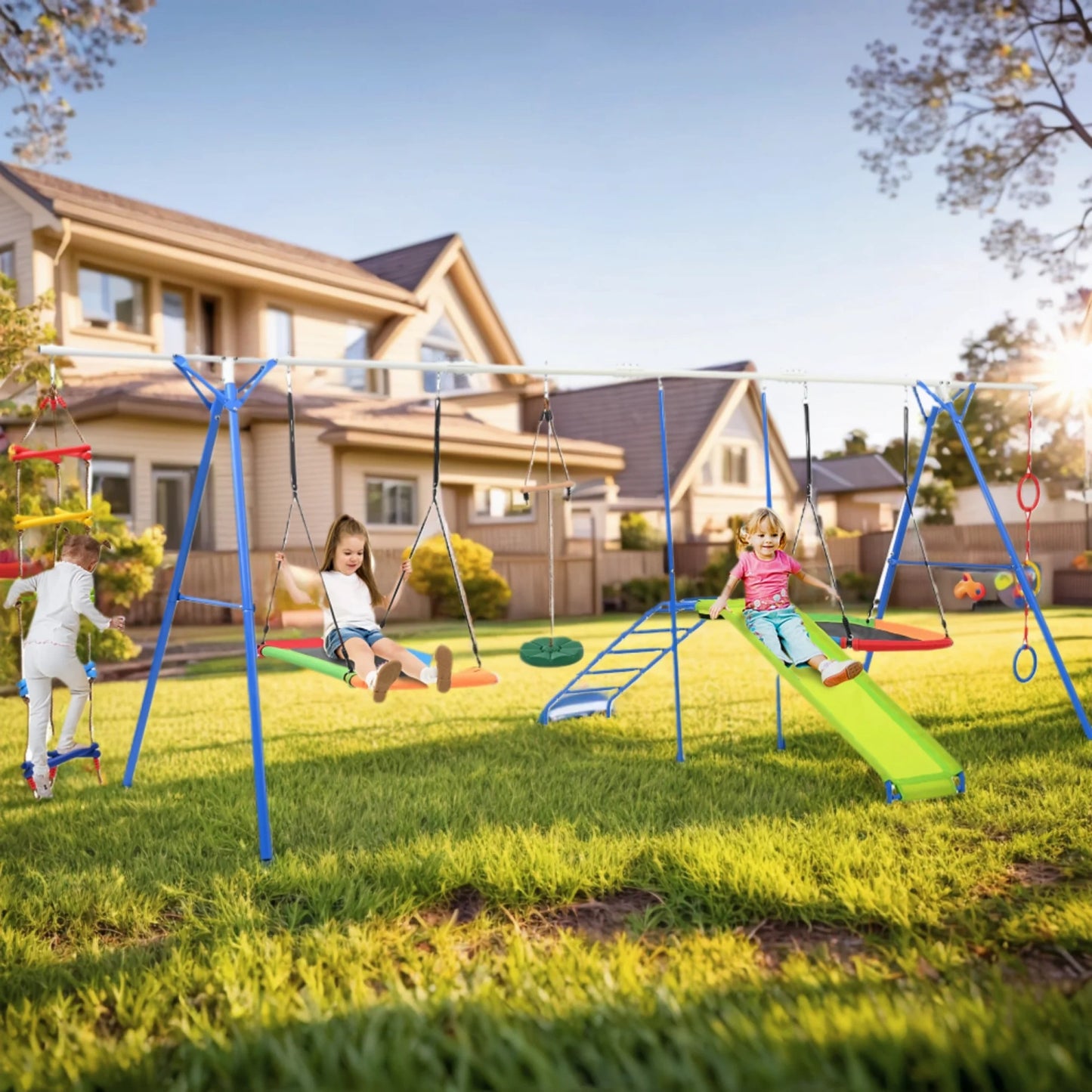 6 in 1 Swing Sets for Outside,SHINPT Playground Sets for Backyard with Climbing Rope Ladder, Disc Swing, Monkey Bar Swing, Slide and Climbing, Saucer Swing, Multifunctional Playset for Kids 3-10