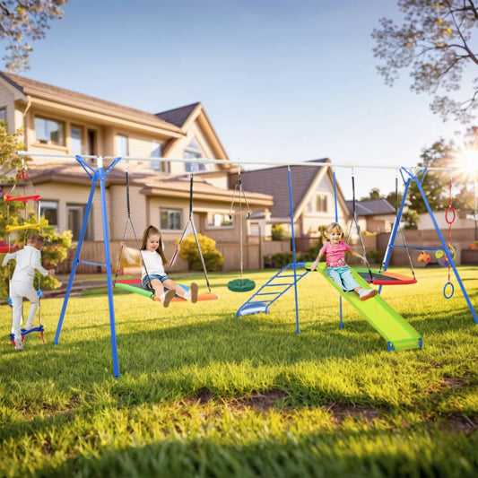 6 in 1 Swing Sets for Outside,SHINPT Playground Sets for Backyard with Climbing Rope Ladder, Disc Swing, Monkey Bar Swing, Slide and Climbing, Saucer Swing, Multifunctional Playset for Kids 3-10