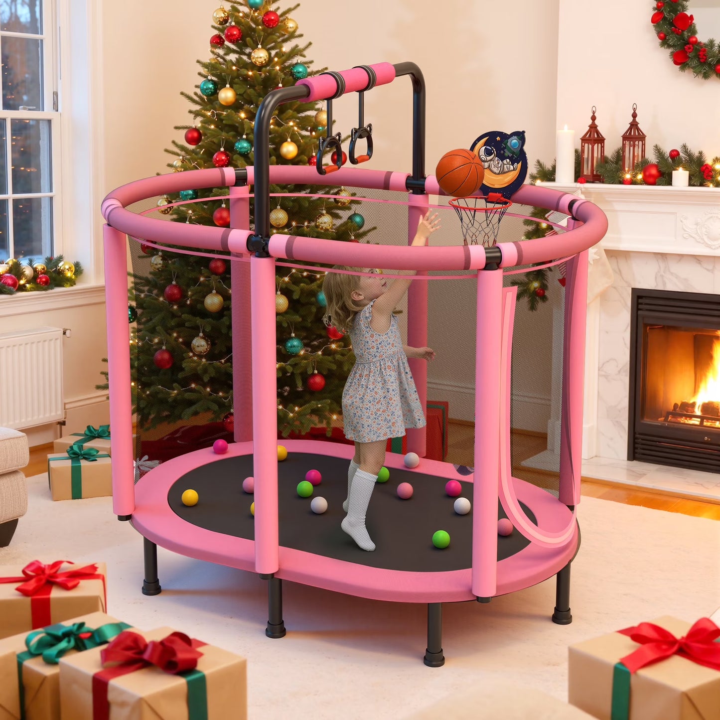 Toddler Trampoline with Enclosure, 60" Kids Trampoline with Net, SHINPT Indoor Trampoline for kids, Small Trampoline with Basketball Hoop, Mini Trampoline with Net, Gift for Boys Girls, Ages 3+