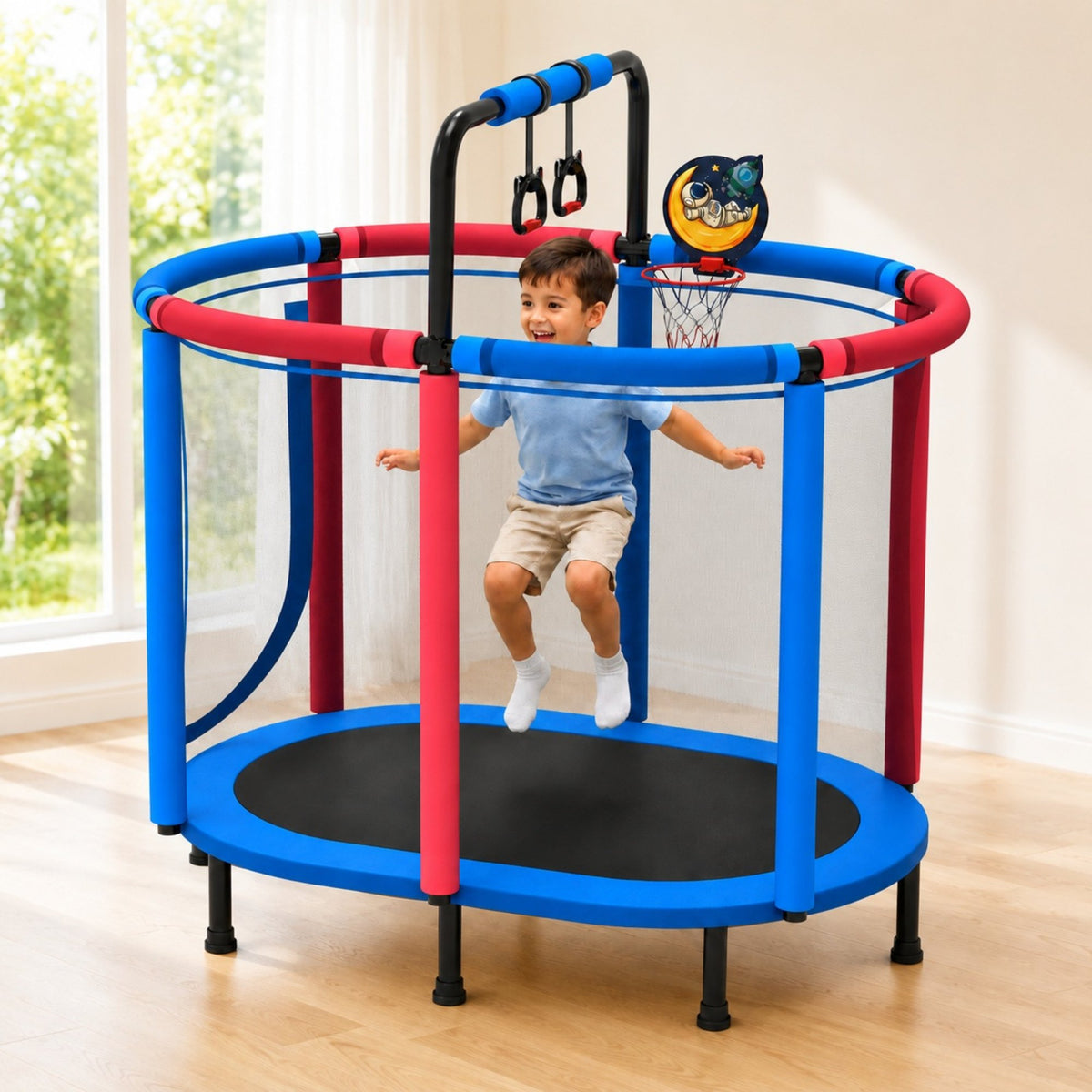 SHINPT 60" Trampoline for Kids with Basketball Hoop, SHINPT Recreational Trampolines with Safety Enclosure Net, Mini Outdoor Trampoline with Adjustable Gymnastics Bar, Easy Assembly, Outdoor, Indoor