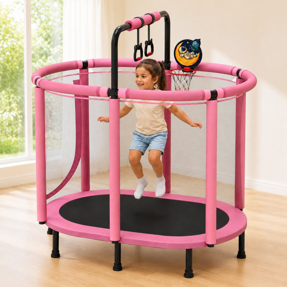 SHINPT 60" Trampoline for Kids with Basketball Hoop, SHINPT Recreational Trampolines with Safety Enclosure Net, Mini Outdoor Trampoline with Adjustable Gymnastics Bar, Easy Assembly, Outdoor, Indoor