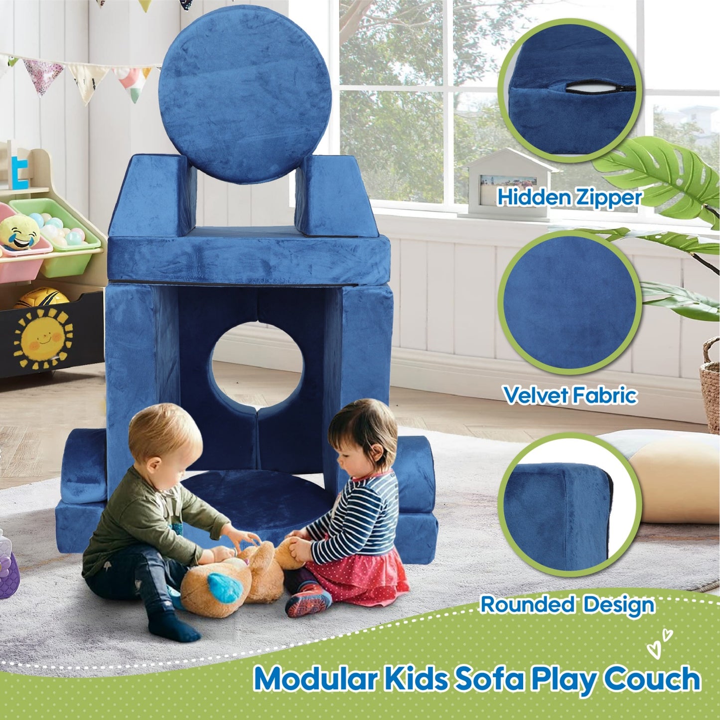 14pcs Modular Kids Play Couch, SHINPT Kids Play Couch for Toddlers Convertible Foam and Floor Cushion, Kids Playroom Furniture for Playroom Bedroom Living Rooms, Nugget Couch for Kids Birthday Gifts