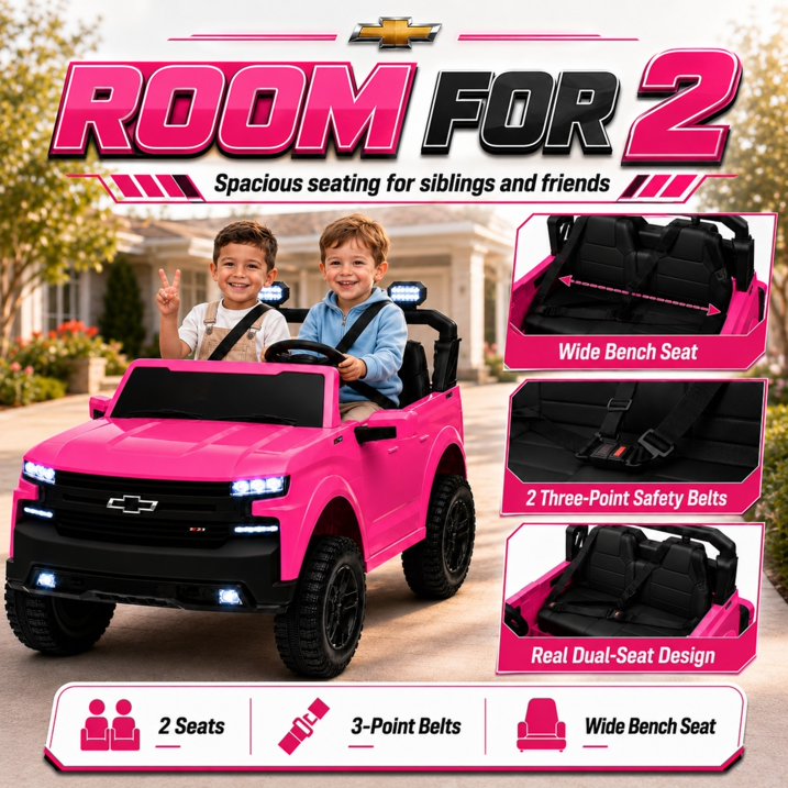 SHINPT 24V Ride on Car, Chevrolet Silverado Licensed, 2 Seater Electric Truck for Kids, Remote Control, 3-Speed, Safety Belt, Bluetooth Music, LED Headlights, Battery Power, Ages 3+, 46.30lbs, Pink