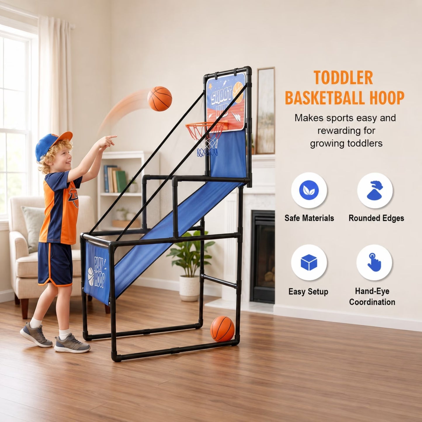 Kids Basketball Hoop With Ball, SHINPT Single Shot Basketball Arcade Game with 2 Balls, Pump and durable Tube. Indoor Basketball Hoop Set for Toddlers and Children, 55 in Foldable Sports Toy, Blue