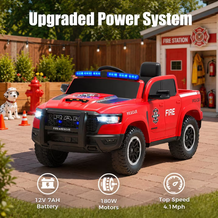 SHINPT Ride on Fire Truck,  RAM1500 12V Electric Fire Truck with Parental Remote, Bluetooth & Siren Lights, 44.49”*26.77”*22.44”Red Kids Ride on Car for Boys Girls Ages 3-8, 36.16lbs