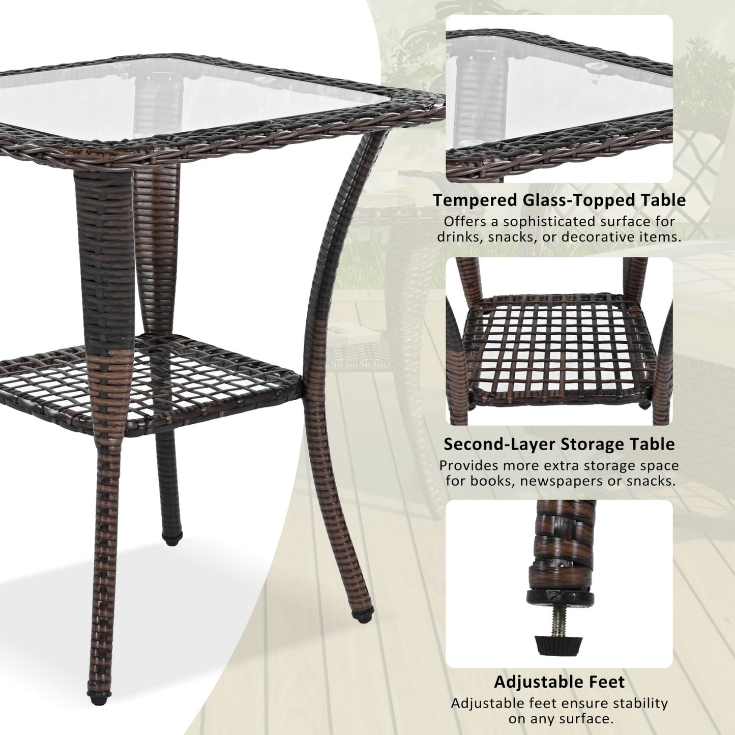 Outdoor Rocking Chair Set of 2, SHINPT All Weather Wicker Patio Furniture Set with Premium Fabric Cushions, Front Porch furniture Set with Table Set for Balcony, Deck, Yard, Natural/Brown