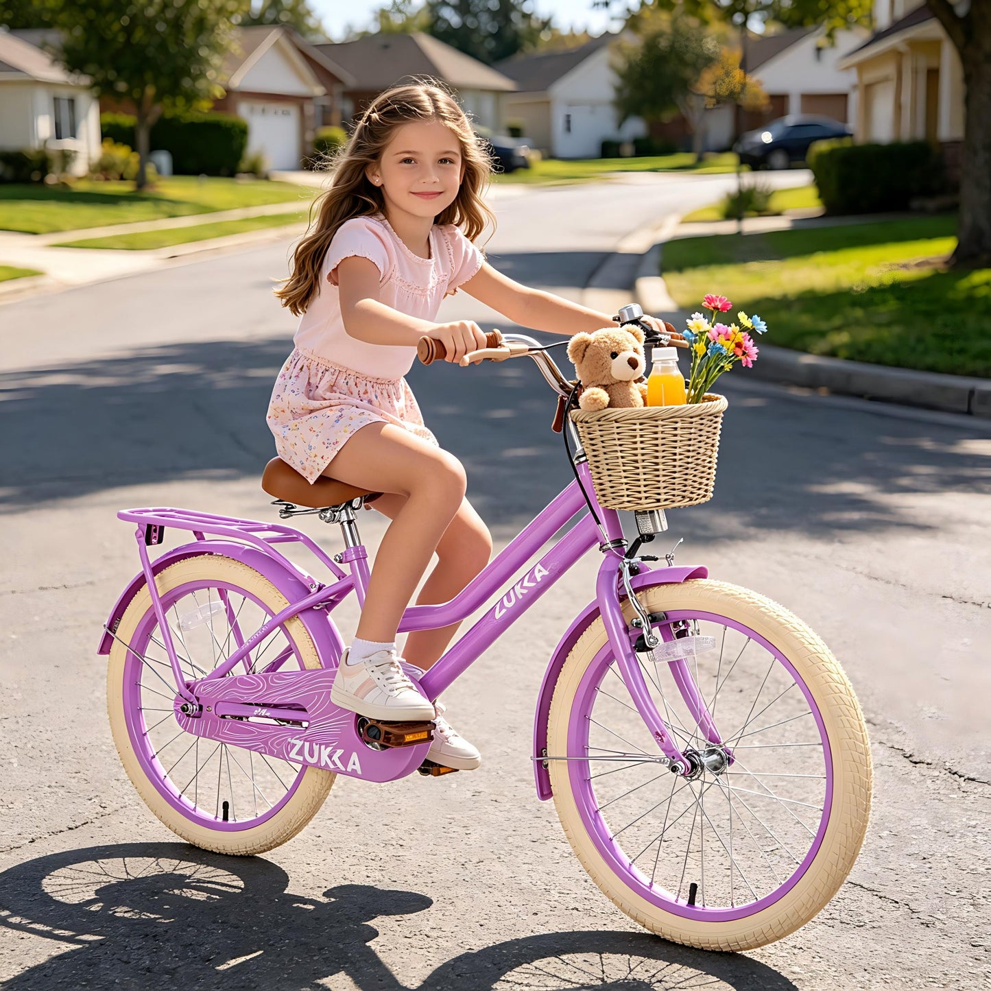 SHINPT 20 Inch Girls Bike for Ages 7–10, Kids Bicycle with Basket & Rear Rack, Single Speed Easy Ride Bike with Adjustable Seat, Outdoor Riding Bike for Kids, Beginner Bike, Birthday Gift for Kids