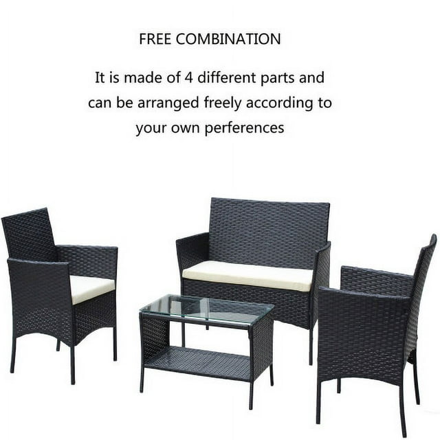 Shinpt 4 Piece Outdoor Patio Furniture Set, PE Rattan Wicker Table and Chairs Set with Beight Cushions, 4 Pieces Conversation Sets for Garden and patio, Black