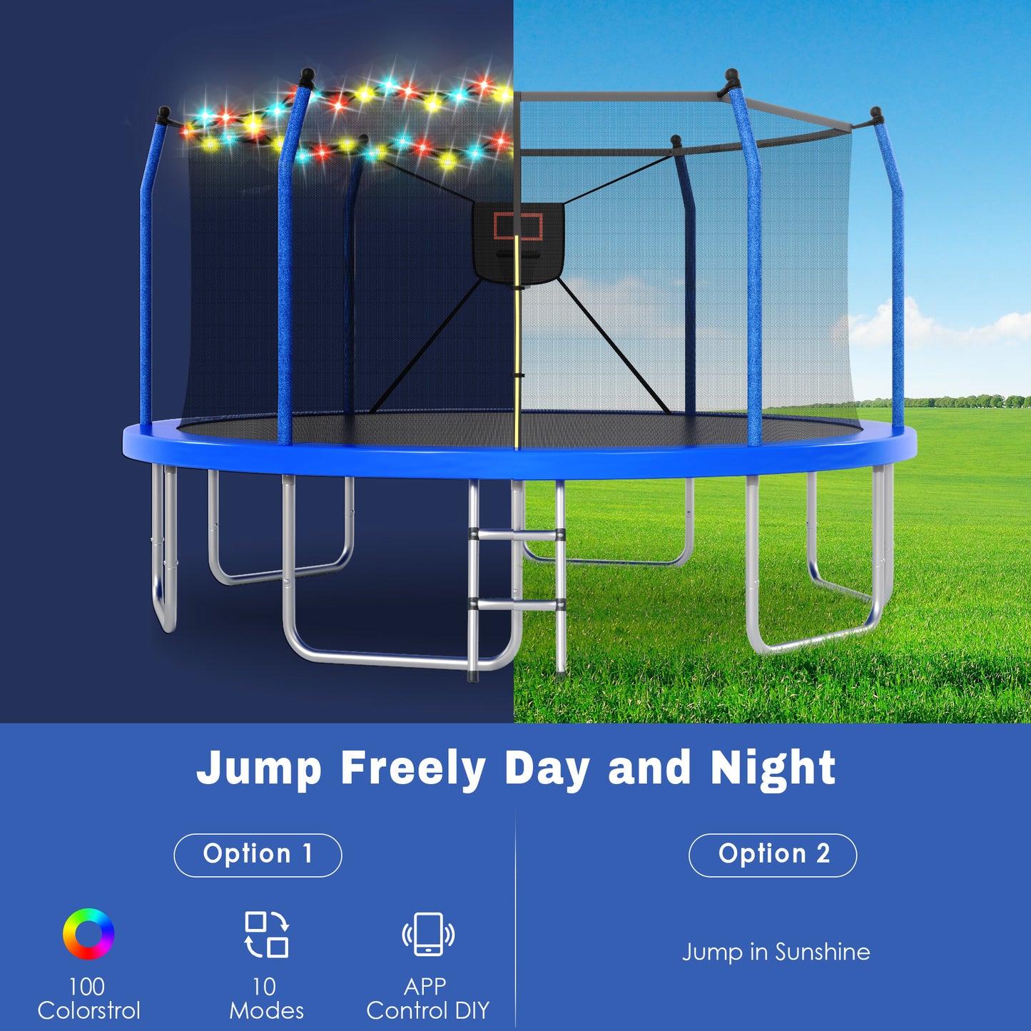 14FT Outdoor Recreational Trampoine for Kids and Adults, SHINPT Large Trampoline with Lights and Basketball Hoop, Heavy Duty Trampoline with 1500lbs Capacity, 14FT Big Trampoline for Backyard, Lawn