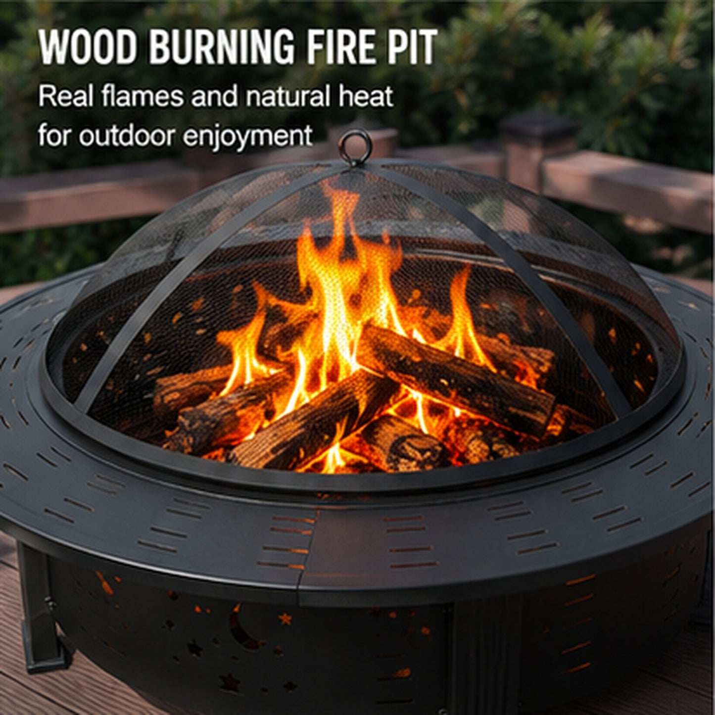 Fire Pit, SHINPT Modern 37 Inch Round Outdoor Fire Pit Table, Wood Burning Metal Fireplace with Square Lid, Black Steel Brazier for Patio Backyard Garden