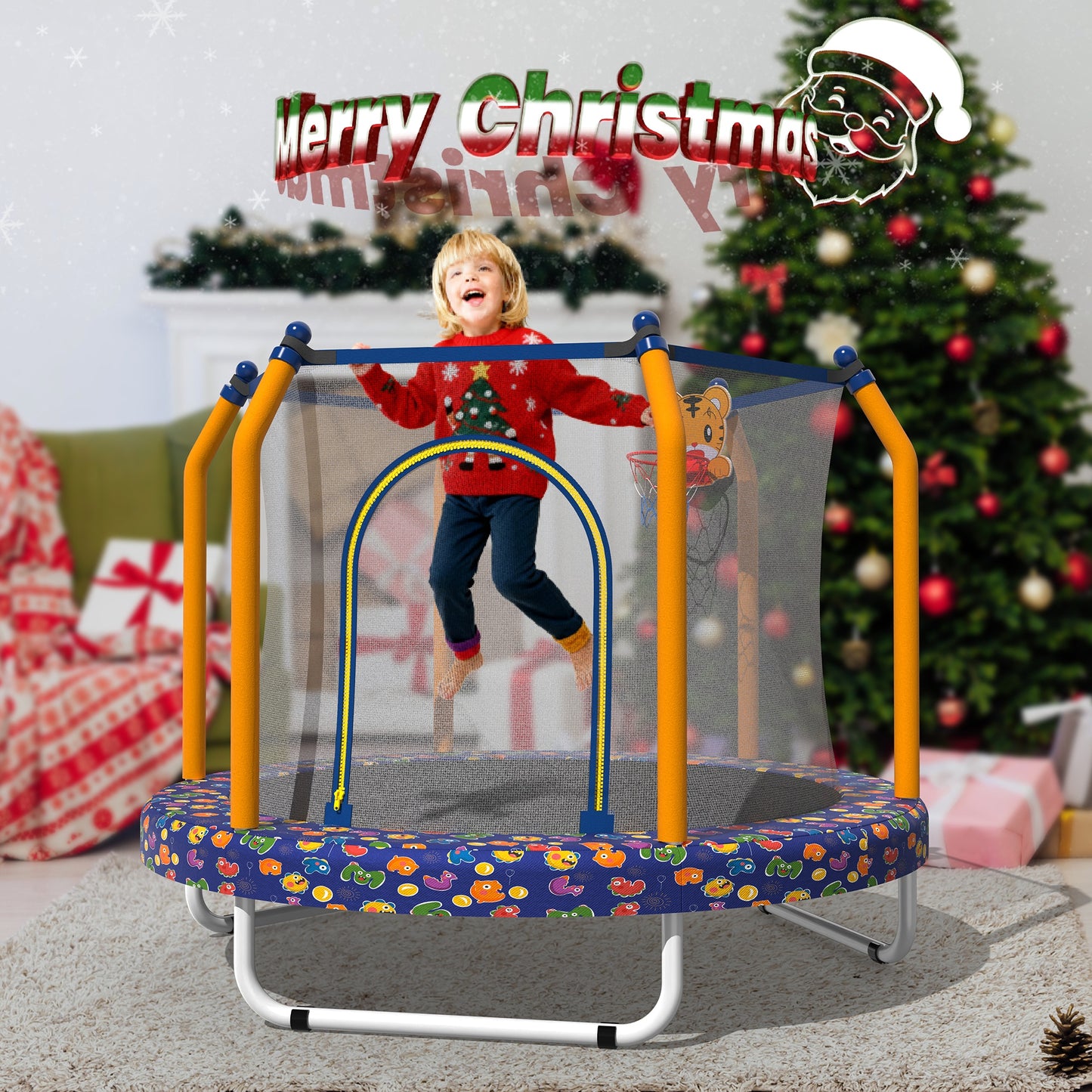 55" Toddler Trampoline Indoor/Outdoor for Kids, Shinpt Mini Trampoline for Backyard, Recreational Trampoline with Basketball Hoop, Outdoor Toddler Toy with Enclosure Net, Indoor Bounce House for Gift