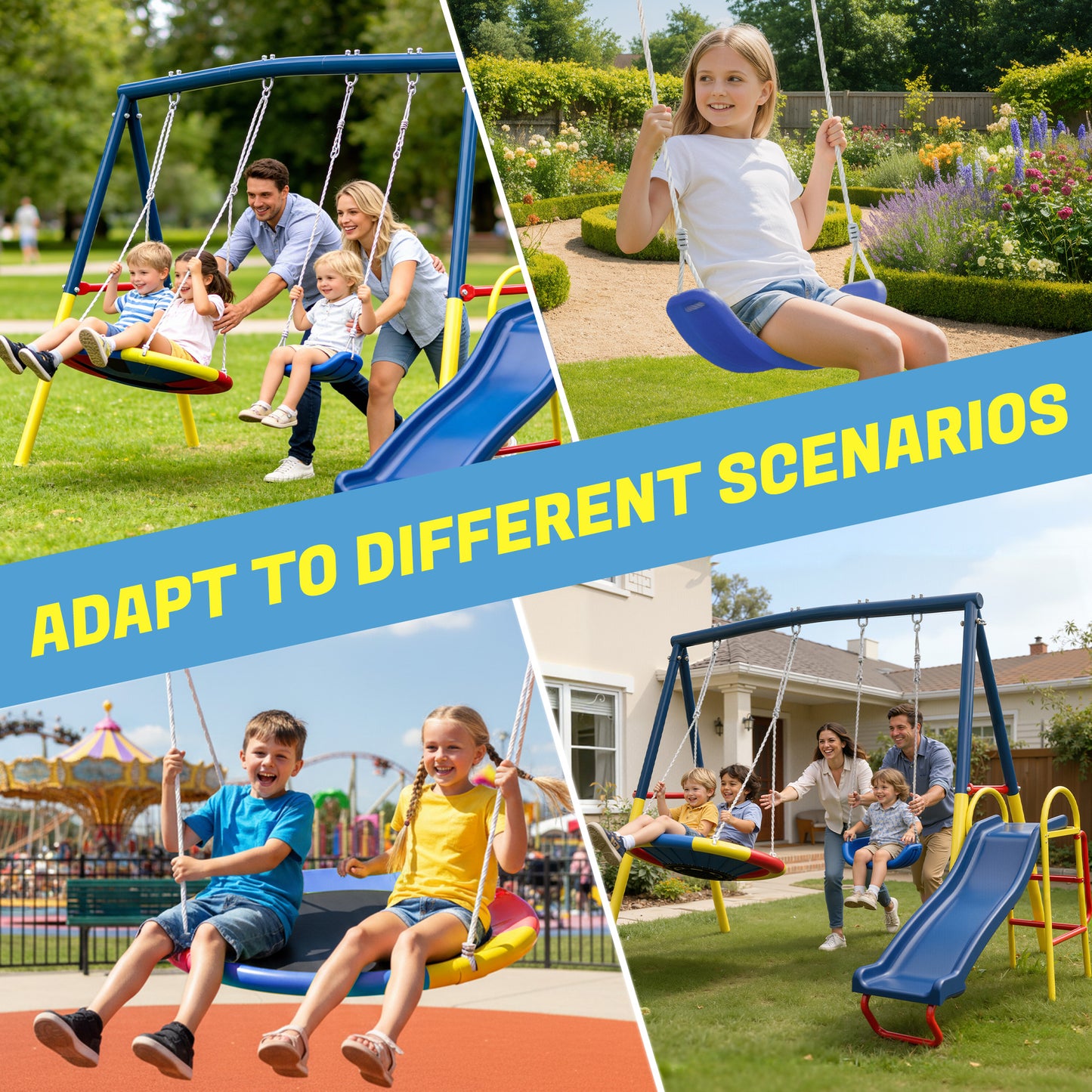 3 in 1 Metal Swing Set Outdoor , SHINPT Toddler Swing Set for Backyard, Tall Swing Set with Slide, Saucer Swing Seat, Belt Swings Seat, Heavy Duty Swing Set for kids, Kids Playset Outdoor
