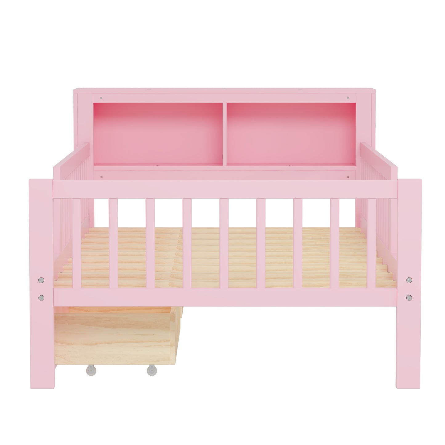 Twin Bed Frame for Kids, SHINPT Twin Size Bed Frame with Headboard Storage Rack, Storage Bed Frame with Two Under-Bed Drawers, Bed for Kids with three-Side Guardrails, White, Pink, Gray, Walnut