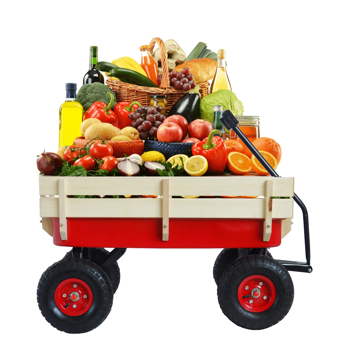 Heavy Duty Wagon with Handle, SHINPT Garden Cart and Wagon with Air Tires, Outdoor Gardening Cart with Wooden Side Panels, Utility Trailer with Metal Wheel Barrow, All Terrain Wagon for Yard, Lawn