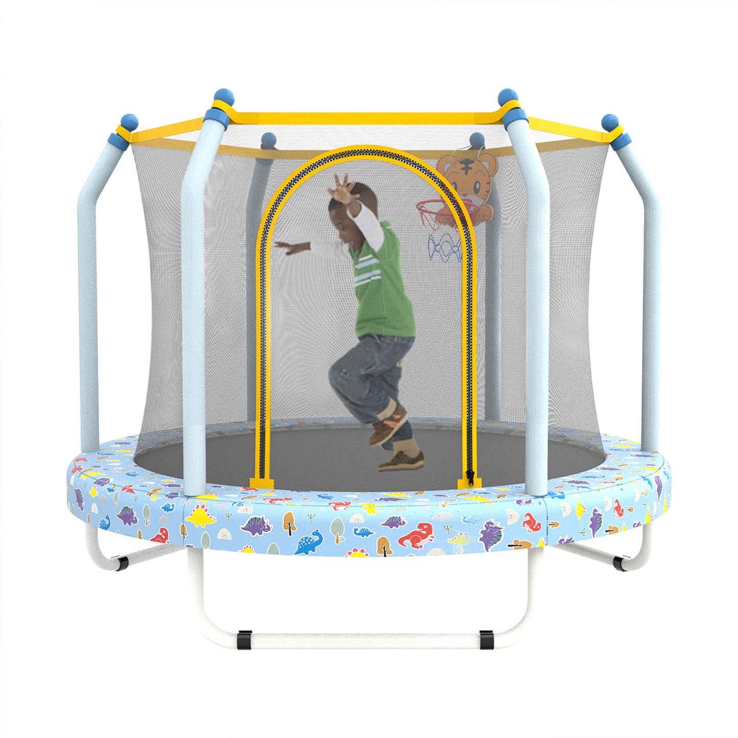 55" Toddler Trampoline with Enclosure Net, SHINPT Mini Trampoline for Kids with Basketball Hoop, Round Recreational Tranpolines for Birthday Gifts, for Boys Girls Aged 3-6, Indoor/Outdoor