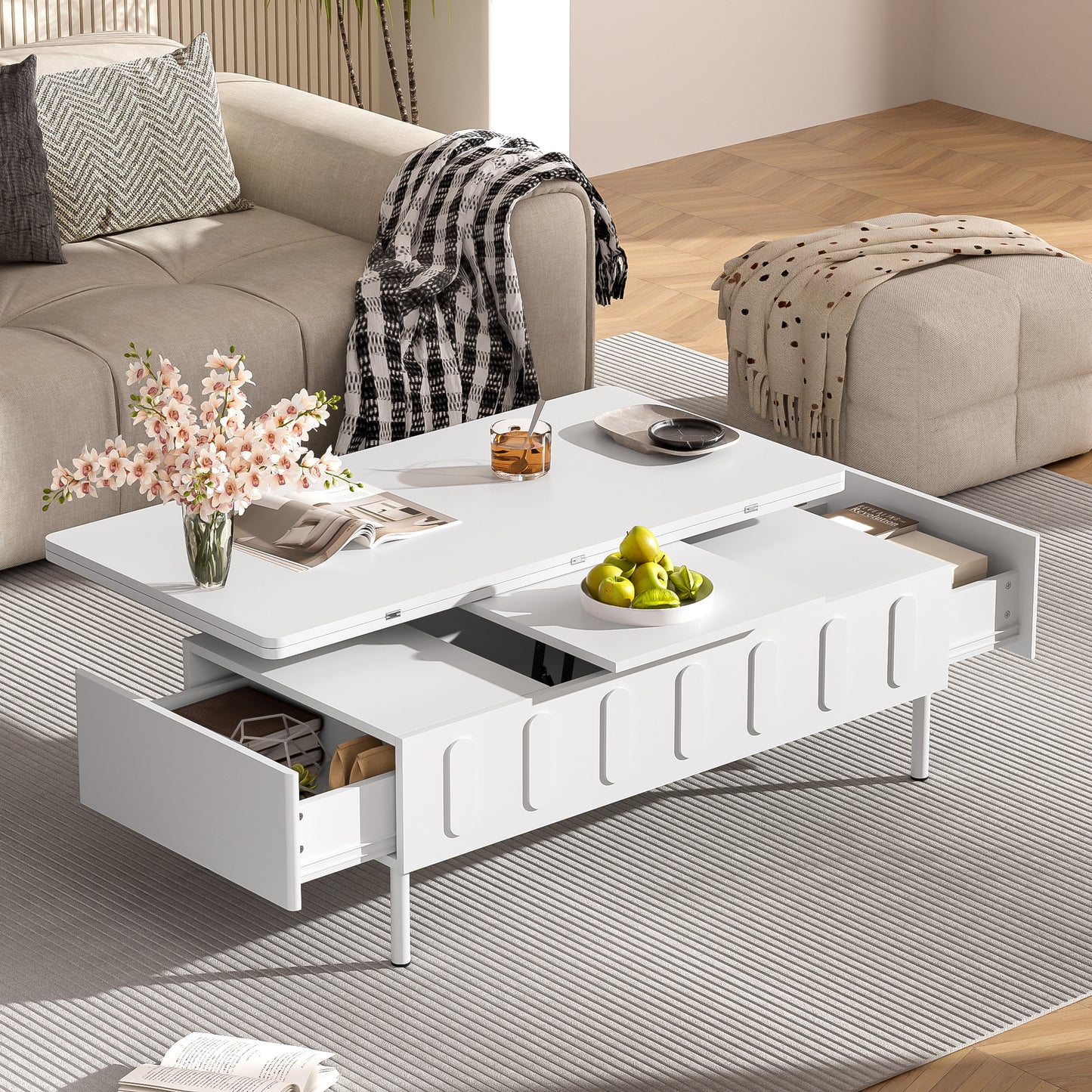 Lift Top Coffee Table with Drawers, SHINPT Extendable Coffee Table with Foldable Top, Multi-Functional Rectangle Coffee Table with Hidden Storage, Coffee Table with Lift Top for Living Room, Study