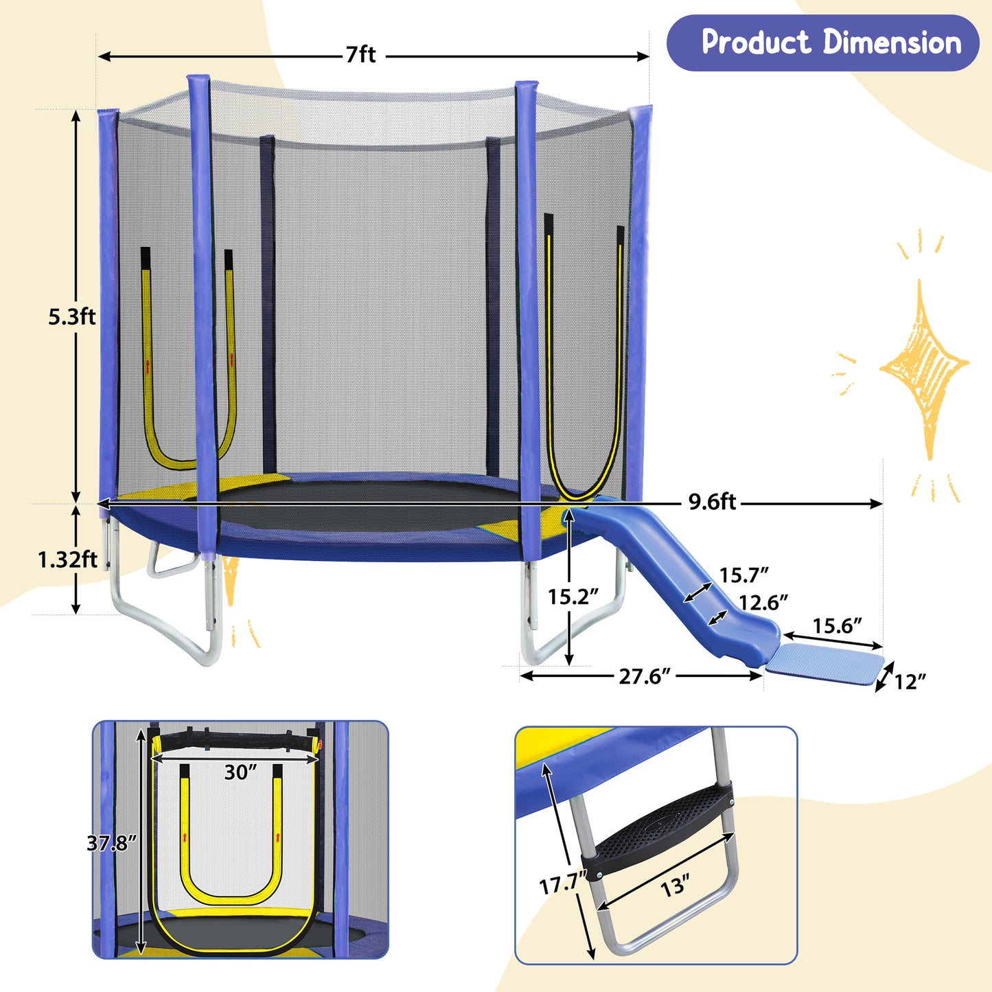7FT Toddler Trampoline for Kids, SHINPT Outdoor/Indoor Trampoline with Slide and Ladder, Recreational Trampolinewith Safety Enclosure Net, Hexagon Trampoline for Kids 3+, Outside Toy for Backyard