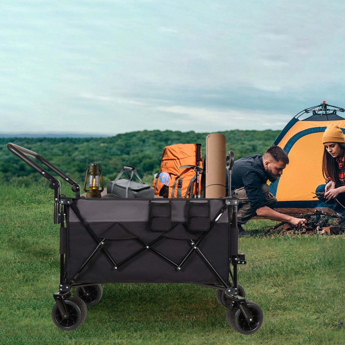 Multi-Functional Collapsible Cart with Rotating Handle, SHINPT Heavy Duty Utility Cart with 360° All-Terrain Wheels, Foldable Shopping Cart for Transport, Groceries, Outdoor, Trolley Cart with Brakes