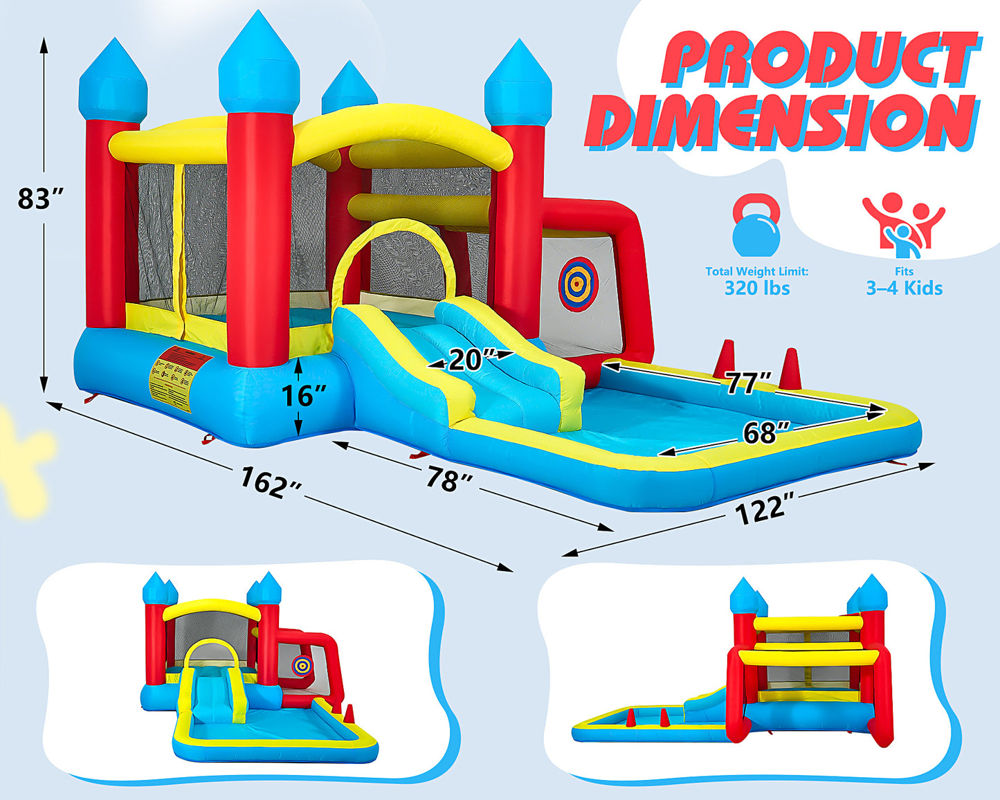 Inflatable Bounce House for Kids, Water Bounce House w/480W Air Blower, Indoor Outdoor Bouncy Castle Jump House w/Slide, Crawl-Thru Door & Net, Dartboard, Basketball Hoop, Football Goal