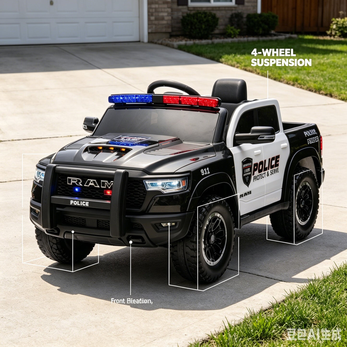 Police Car Ride on, SHINPT RAM1500 RHO Kids Electric Police Car with Parent Remote Control, 12V Powered Toddler Ride on Toy with Siren Lights, Single Seat, 1-3MPH Safe Speed for Boys Girls Ages 3-8