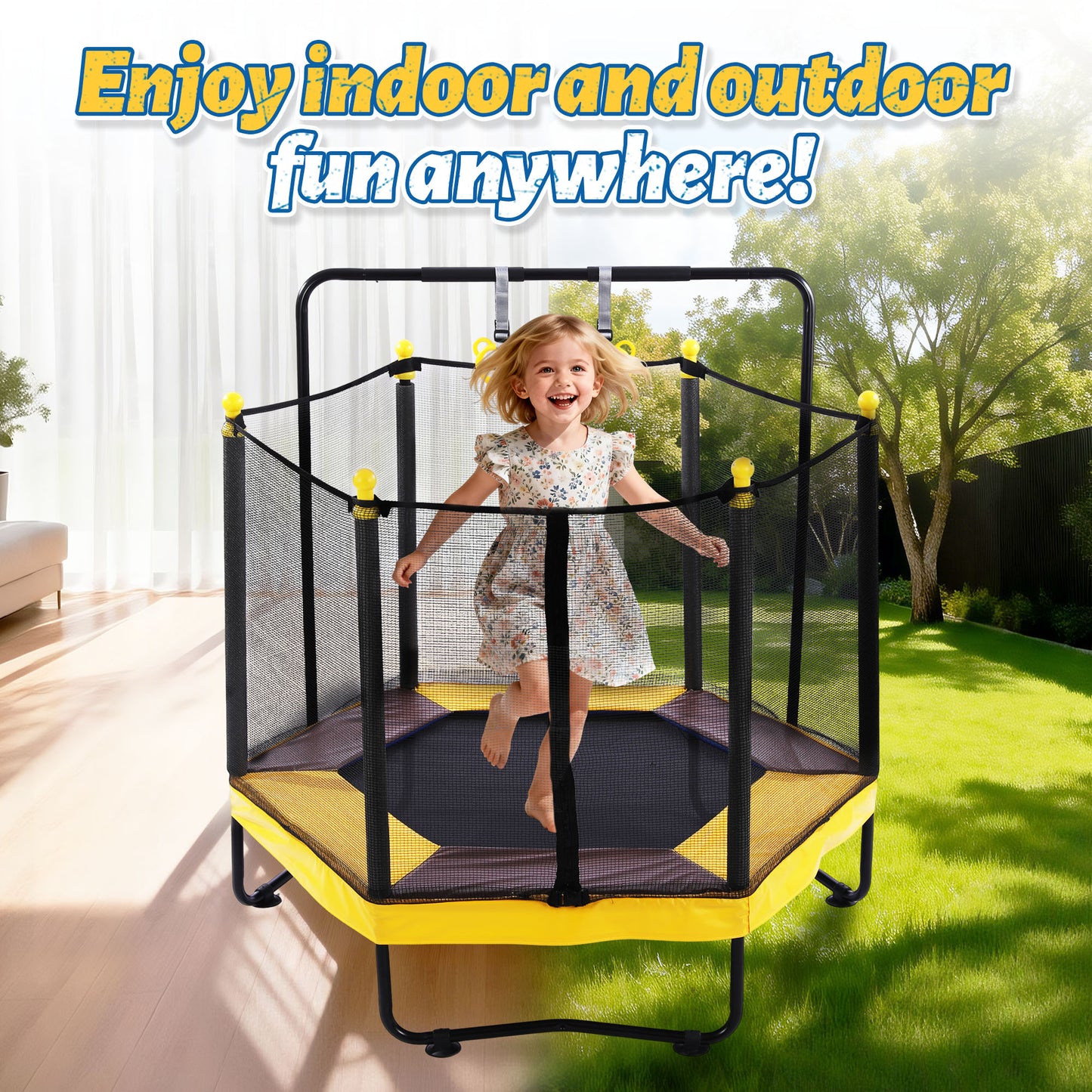 54in Mini Trampoline for Kids, SHINPT Toddler Trampoline Indoor/Outdoor, Kids Trampoline for Toddlers with Basketball Hoop, Recreational Trampoline with Gymnastics Bar, Indoor Trampoline for Toddlers