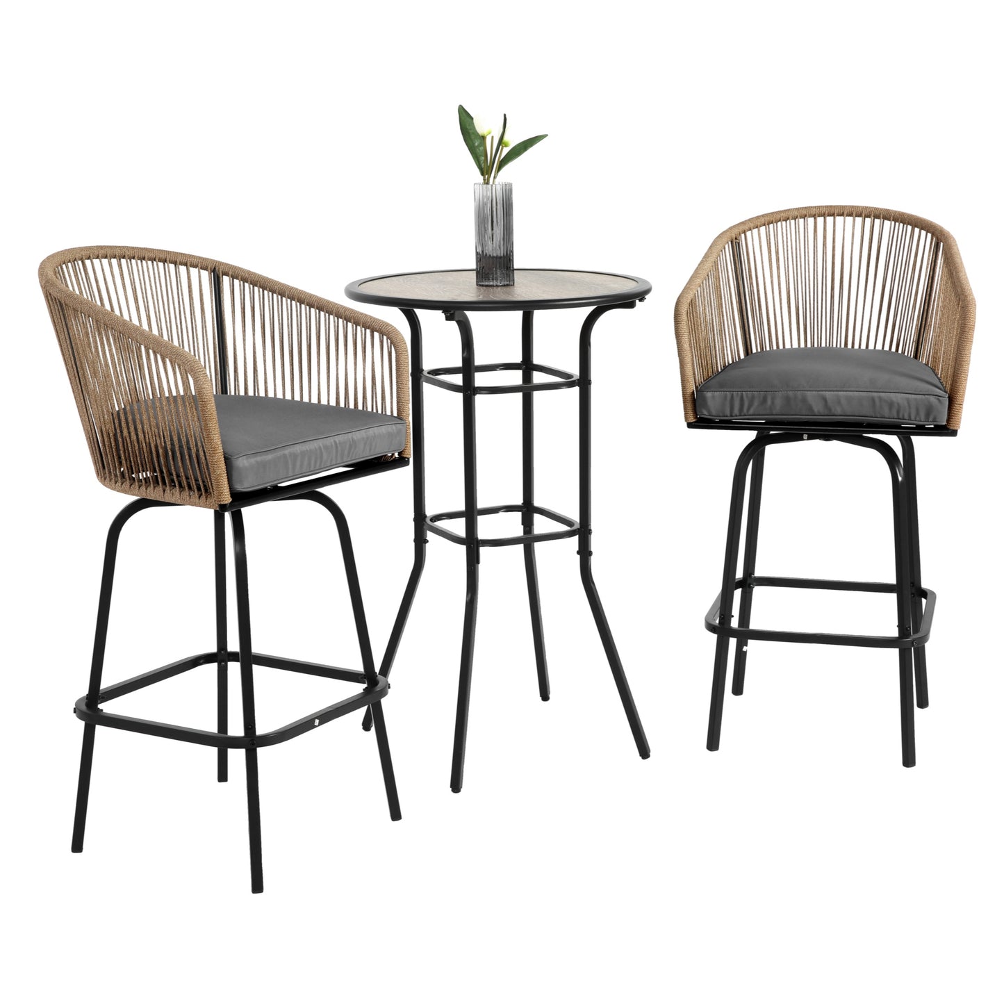 3 Pieces Outdoor High Top Table and Chairs, SHINPT Patio Bar Set of 3, Bistro Set Outdoor with 2 Swivel Bar Chairs and 1 Round Bar Table, Outdoor Bar Set for Backyard, Garden, Balcony, Pool, Yard