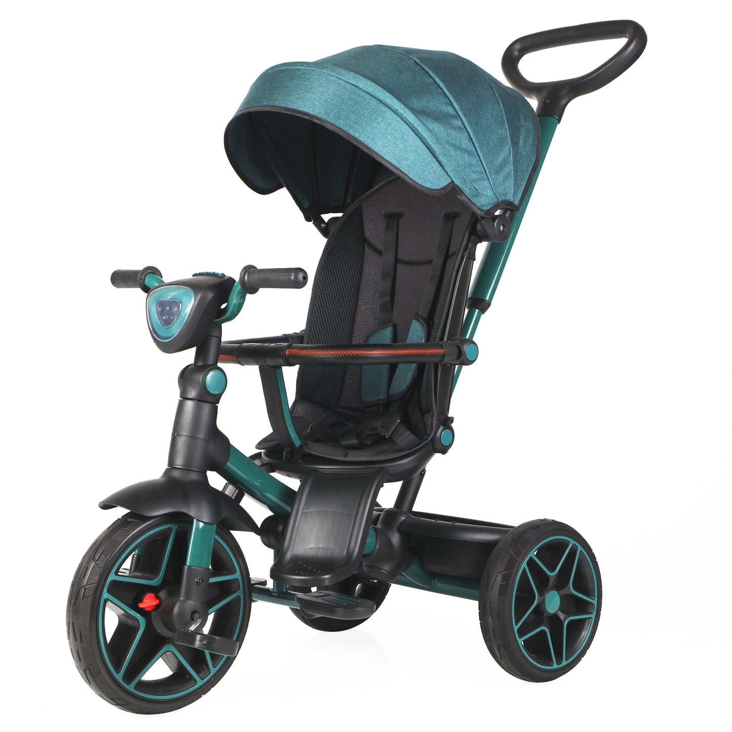 Shinpt 6 in 1 Kids' Baby Tricycle Stroller with 360°Rotatable Seat, Retractable Canopy, Adjustable Push Handle, Detachable Guardrail, and Rear Basket for Toddlers 18 Months to 6 Years，Pink