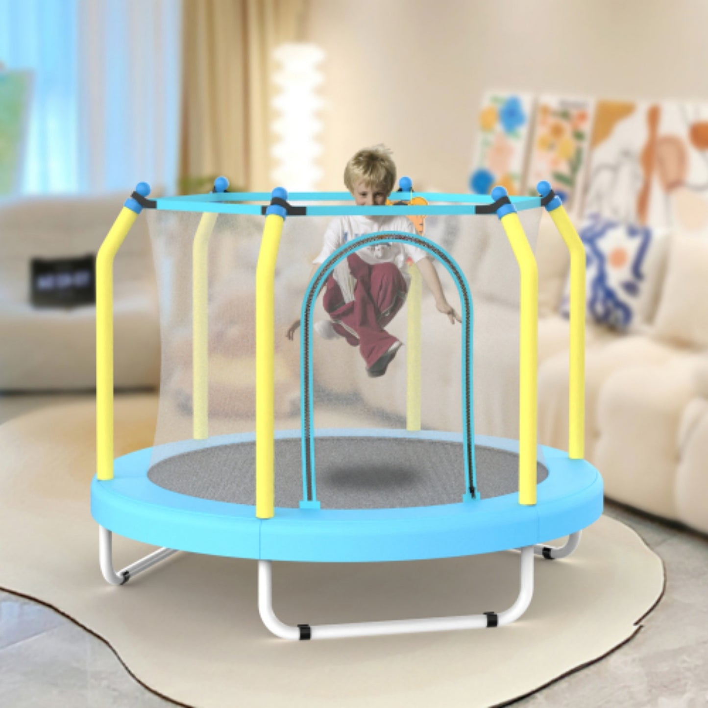 55" Toddler Trampoline with Enclosure Net, 4.6 ft Mini Trampoline for Kids with Basketball Hoop, Indoor Outdoor Toddler Recreational Tranpolines , Gifts for Boys Girls Aged 3-6