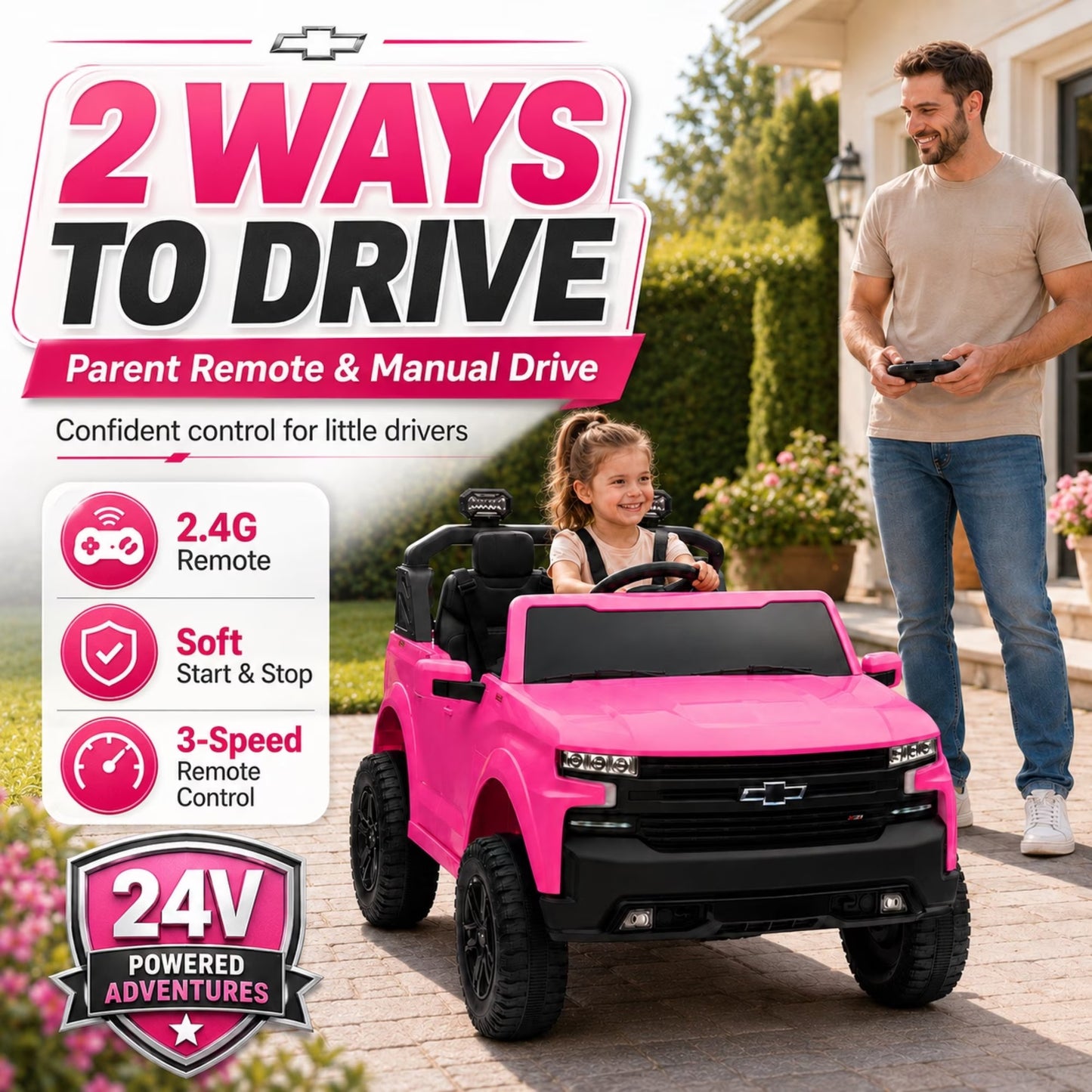 SHINPT 24V Ride on Car, Chevrolet Silverado Licensed, 2 Seater Electric Truck for Kids, Remote Control, 3-Speed, Safety Belt, Bluetooth Music, LED Headlights, Battery Power, Ages 3+, 46.30lbs, Pink