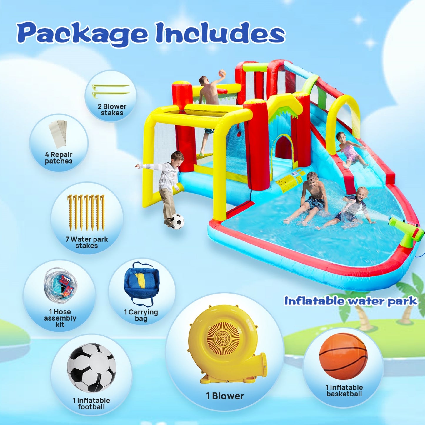 Inflatable Water Slide for Kids Backyard, SHINPT 7 in1 Water Park Bounce House with Slide, Water Gun, Climbing Wall, Inflatable Bounce House with Basketball, Football, Jumping Castle with Air Blower