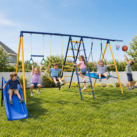 SHINPT 6in1 Swing Set for Outside, Heavy Duty A-Frame Metal Swing Set with Climbing Ladder and Nets, Glider, Basket, Gym Ring, Hammock Swing and Belt Swing, Backyard Playground Set for Kids Age 3-12
