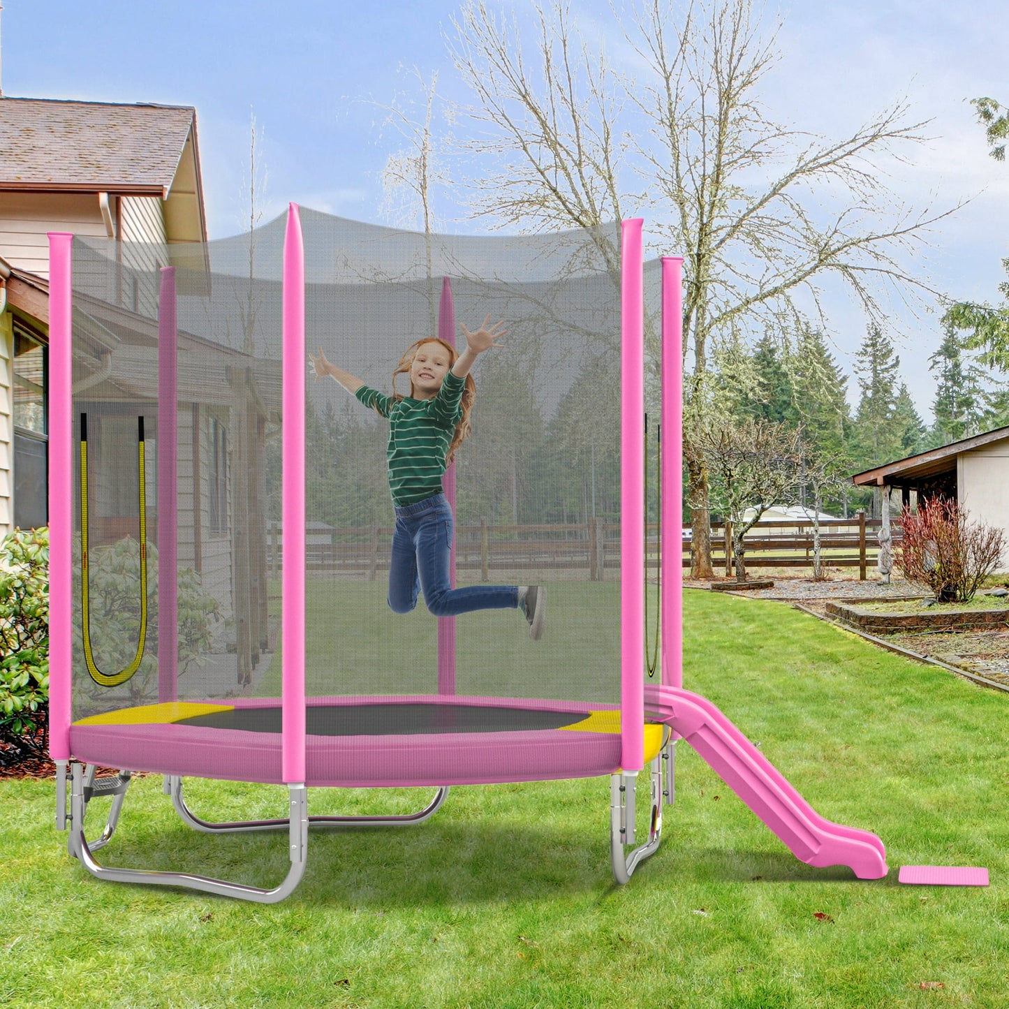 7ft Trampoline for Kids Age3-12, SHINPT Round Recreational Trampolines with Safety Enclosure Net, Mini Outdoor Trampoline with Slide and Ladder, Easy Assembly, Outdoor, Indoor