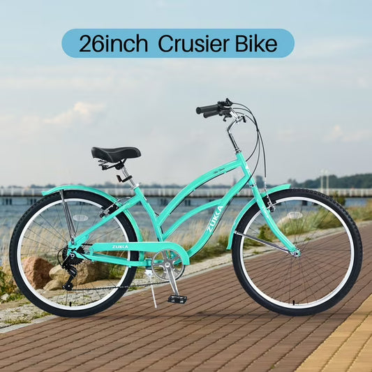 BTMWAY Youth and Adult Beach Cruiser Bike for Men and Women, Teenagers, 26-Inch Wheel, Durable Steel Frames，7-Speed Versatility, Dual V brakes, Light Blue