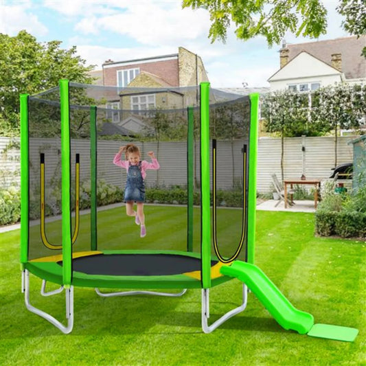 7ft Trampoline for Kids Age3-12, SHINPT Round Recreational Trampolines with Safety Enclosure Net, Mini Outdoor Trampoline with Slide and Ladder, Easy Assembly, Outdoor, Indoor