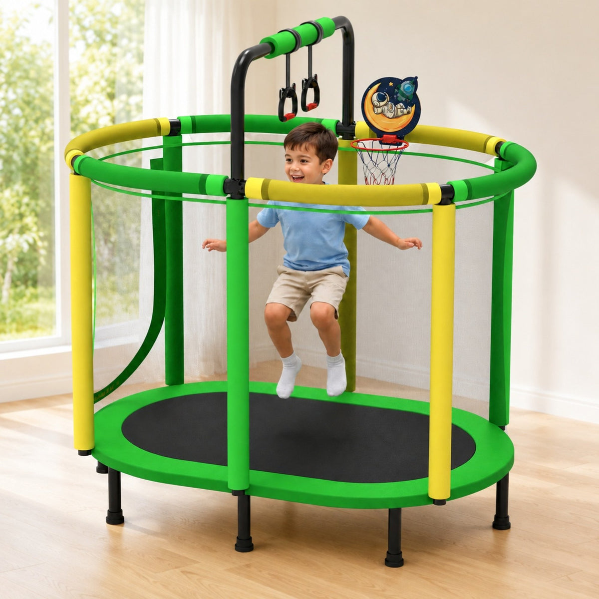 SHINPT 60" Trampoline for Kids with Basketball Hoop, SHINPT Recreational Trampolines with Safety Enclosure Net, Mini Outdoor Trampoline with Adjustable Gymnastics Bar, Easy Assembly, Outdoor, Indoor