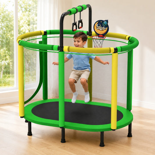 SHINPT 60" Trampoline for Kids with Basketball Hoop, SHINPT Recreational Trampolines with Safety Enclosure Net, Mini Outdoor Trampoline with Adjustable Gymnastics Bar, Easy Assembly, Outdoor, Indoor