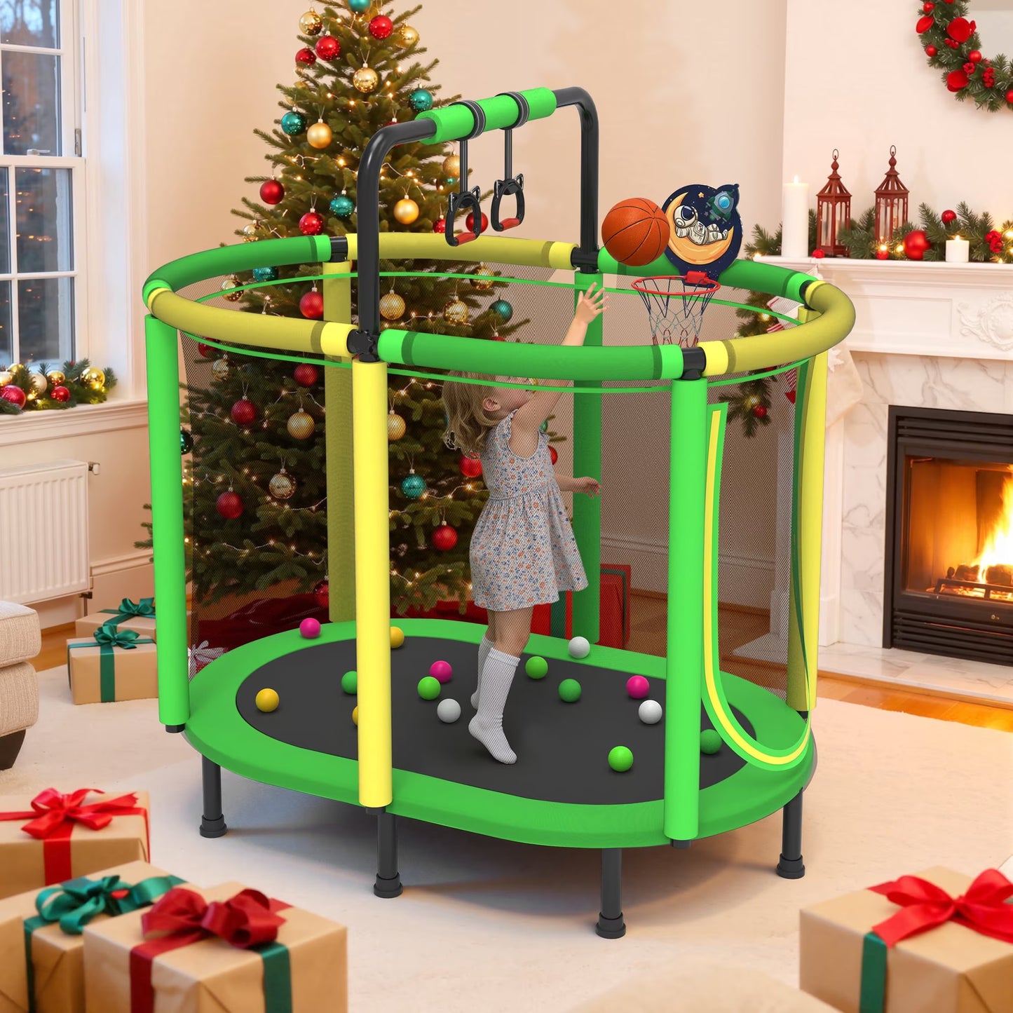 Toddler Trampoline with Enclosure, 60" Kids Trampoline with Net, SHINPT Indoor Trampoline for kids, Small Trampoline with Basketball Hoop, Mini Trampoline with Net, Gift for Boys Girls, Ages 3+