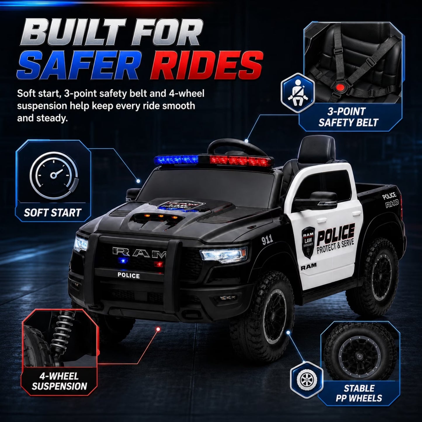 SHINPT Police Car Ride on, RAM1500 RHO Kids Electric Police Car with Parent Remote Control, 12V Powered Toddler Ride on Toy with Siren Lights, Single Seat, 1-3MPH Safe Speed for Boys Girls Ages 3-8