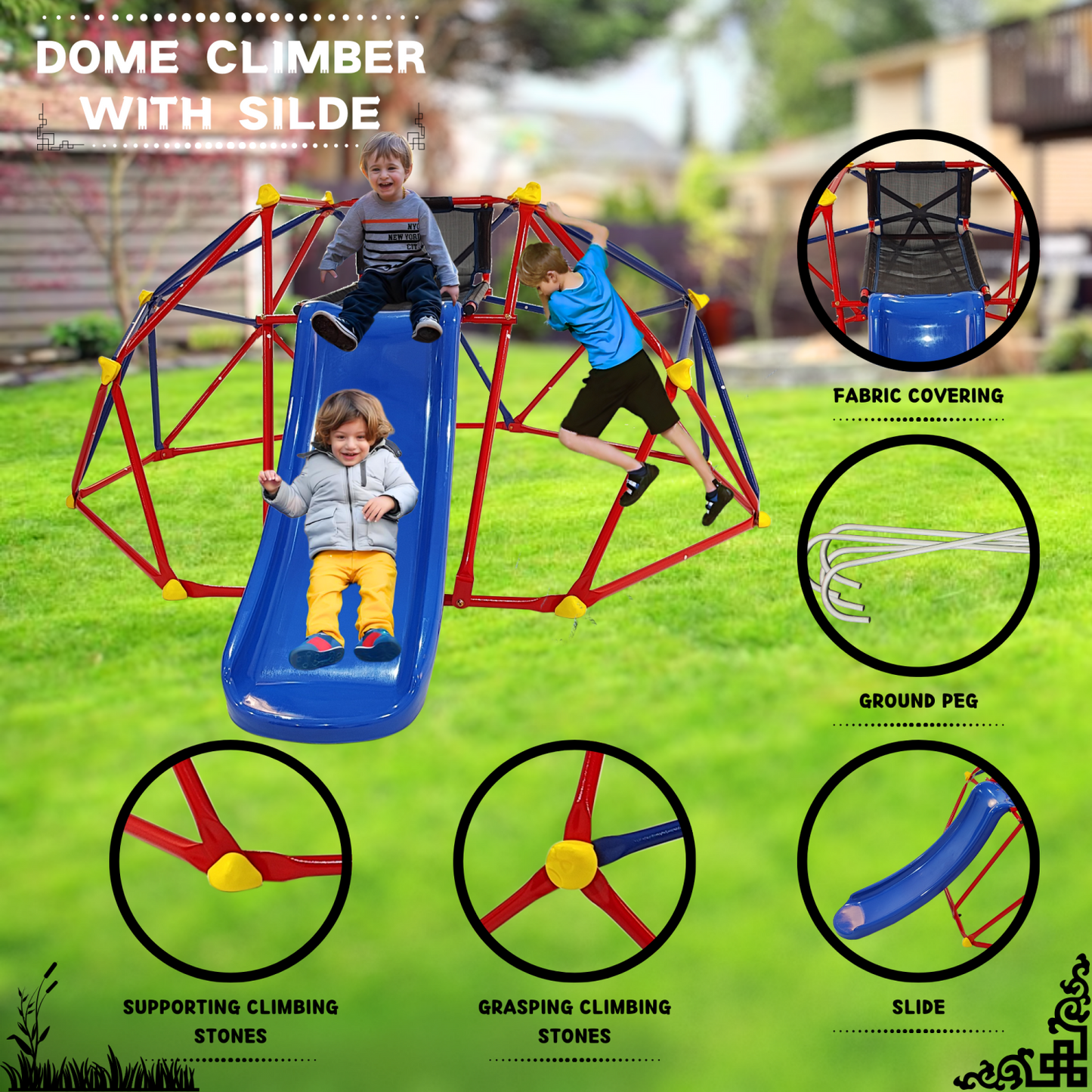 10 ft Climbing Dome for Kids Ages 3-8, Kids Outdoor Jungle Gym Geometric Dome Climber with Slide, Indoor Outdoor Play Equipment for Backyard, Playground, Supports 330LBS, Easy Assembly